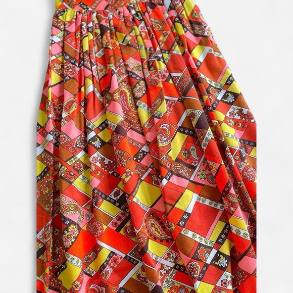 Vintage Retro 60s 70’s Polyester Paisley Orange Yellow Pink Brown A-Line Skirt - Picture 7 of 8